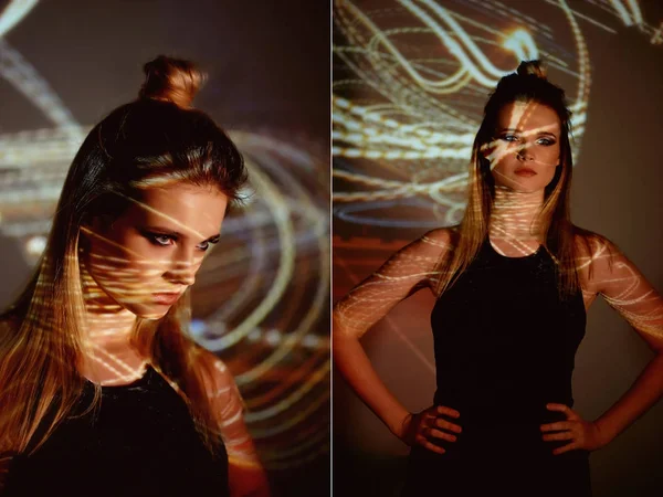 Soyut portre projektör ışığında güzel bir kız. Sıcak turuncu tonları. Ampul Edison. Sıcaklık hissi. Kırılganlık ve güzellik duygusu. Plastik gövdeli. Güzel ve gizemli