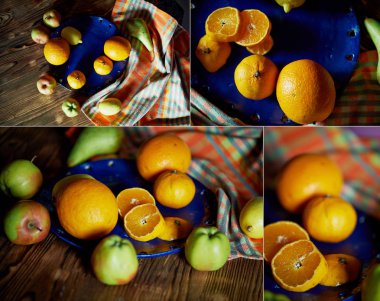 Narenciye mavi tabakta. Kontrast. Vitaminler hastalık veya vejetaryenlik durumunda. kolaj