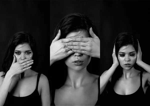 Chica en el estudio sobre un fondo negro. Cabello rojo, gran figura. Collage. No oigas mal, no veas mal, no hables mal . —  Fotos de Stock