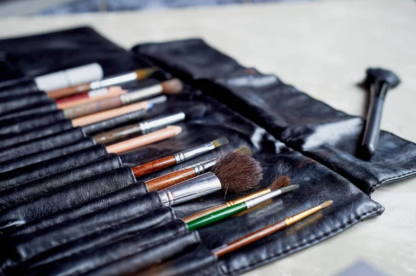 Brushes and pencils in a leather case.The artists tools. Creativity and inspiration