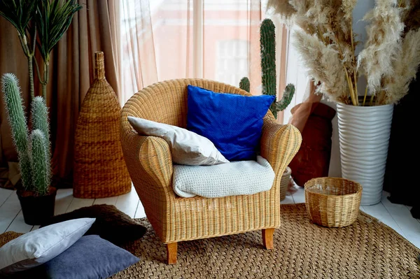 A chair and a rug made of rattan. Natural material. Pampas grass in a vase.Eco design. — Stock Photo, Image