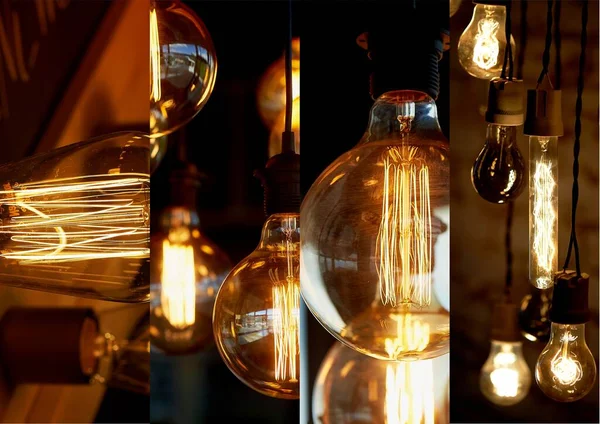 Collage. Light and lighting.Edissons retro lamp. Warm orange light. — Stock Photo, Image