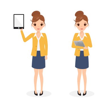 bir değmek yastık tablet kullanarak sevimli bir iş kadını. iş iletişimi.