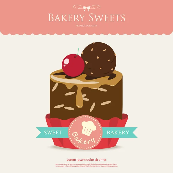 Bbakery sweet cupcake. Dark chocolate caramel cake and ice cream. — Stock Vector