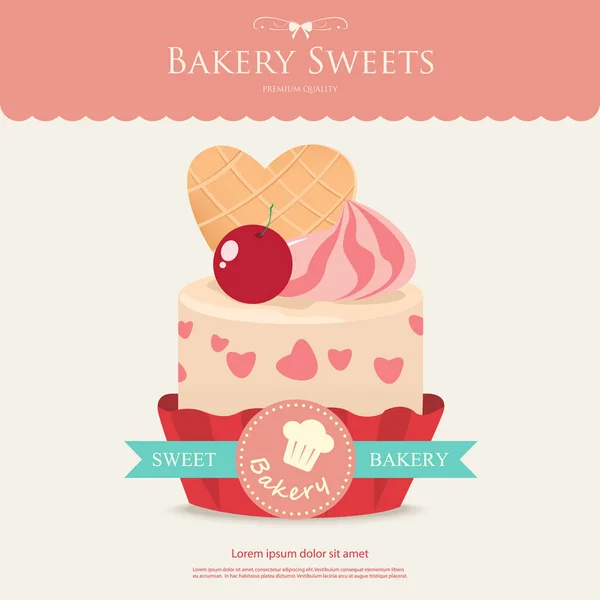 Bbakery 달콤한 컵 케 익입니다. 딸기 바닐라 케이크와 아이스크림. — 스톡 벡터