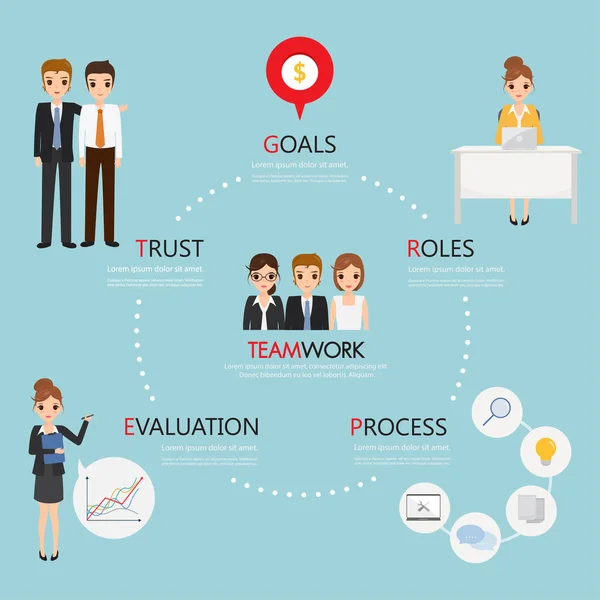 Infográfico de trabalho em equipe. caráter de pessoas de negócios . — Vetor de Stock