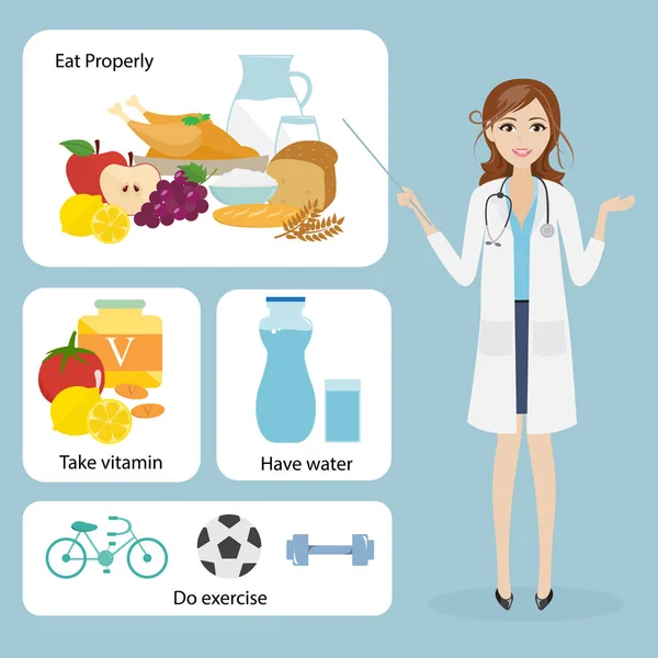 Красива жінка лікар персонаж здорова їжа, охорона здоров'я . — стоковий вектор