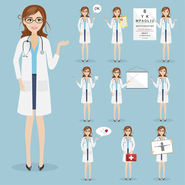 Set of woman doctor character health care at hospital — Stock Vector