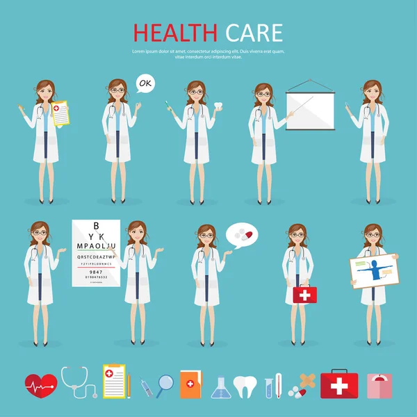 Set of woman doctor character health care at hospital — Stock Vector