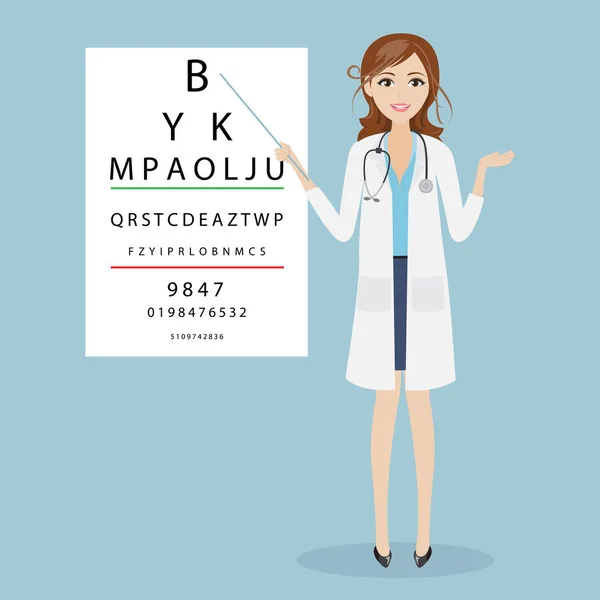Bela mulher médico caracter optometrista aponta para a tabl —  Vetores de Stock