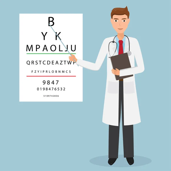 Hombre guapo médico carácter optometrista señala a la mesa f — Vector de stock