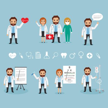 Hastanede doktor karakter kümesi. Sağlık. Hastane simgesi.