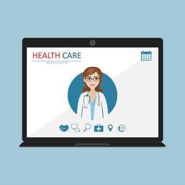 Vektör modern düz konsept web afiş tasarım notebook telefon tıbbi yardım ve doktor Danışma online soyut hekim simgesi featuring ile