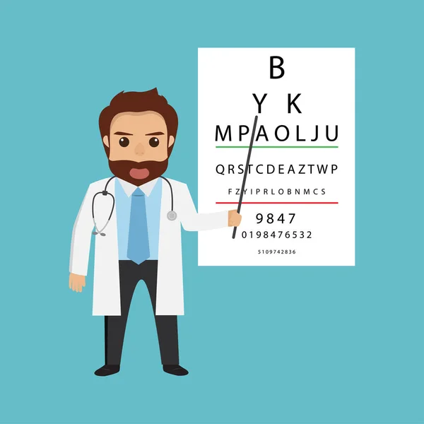 Handsome man doctor character- optometrist points to the table f — Stock Vector