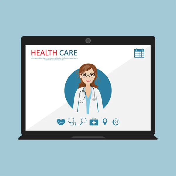 Vector moderno concepto plano web banner diseño portátil teléfono con asistencia médica y consulta al médico en línea con icono abstracto médico — Archivo Imágenes Vectoriales