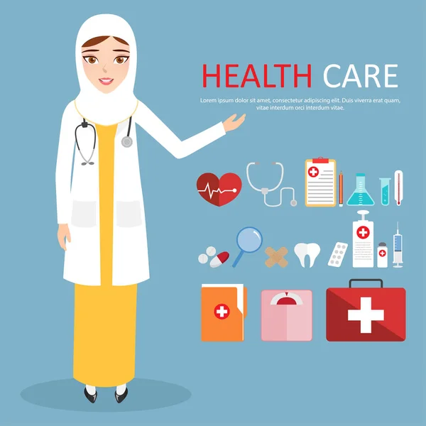 Muslim Woman Doctor Wearing White Veil or Scarf with Welcoming at hospital. — Stock Vector