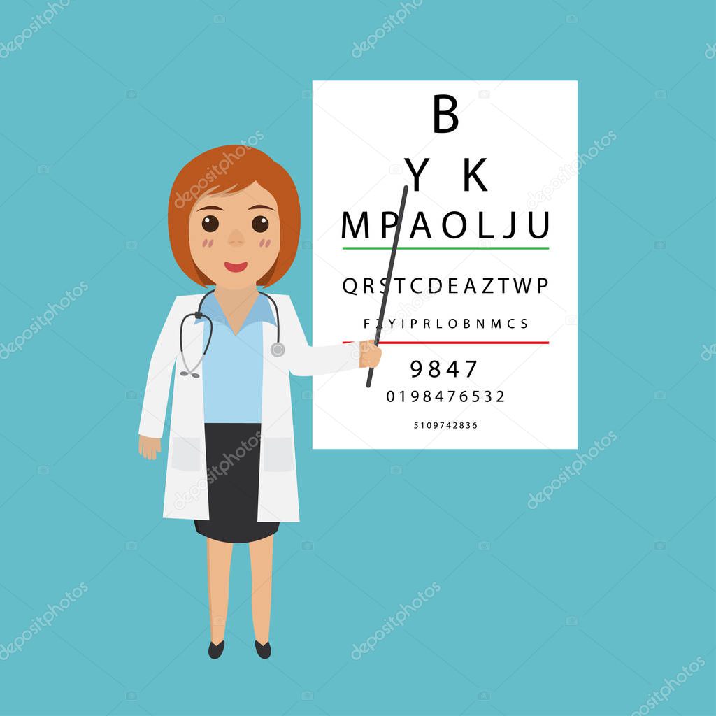 woman doctor character- optometrist points to the table for test