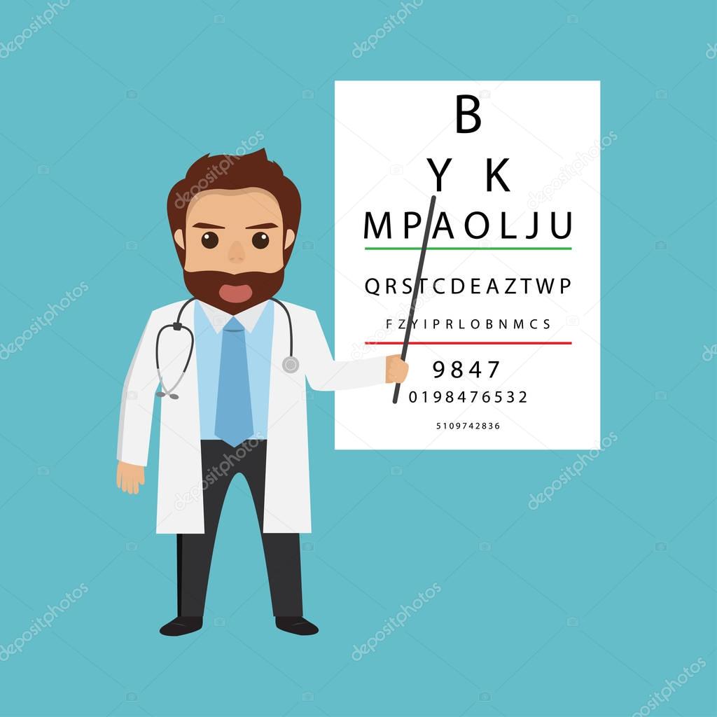 handsome man doctor character- optometrist points to the table f