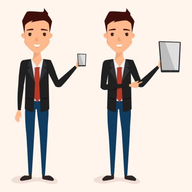 bir cep telefonu iletişim sunan iş adamı. illüstrasyon insanlar karakter düz tasarımı.