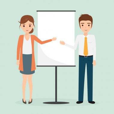 business woman and business man presenting with a white board. b clipart