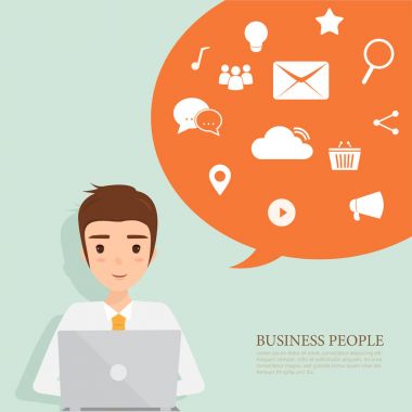 iş adam karakter iletişim için bir dizüstü bilgisayar ile çalışma