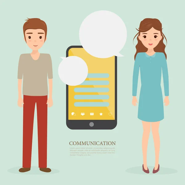 Man and woman using mobile to communication. people character. — Stock Vector