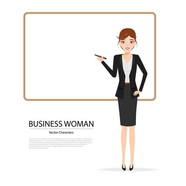 Donna d'affari che presenta personaggio con uno sfondo lavagna. Illustrazione vettore del design delle persone . — Vettoriale Stock
