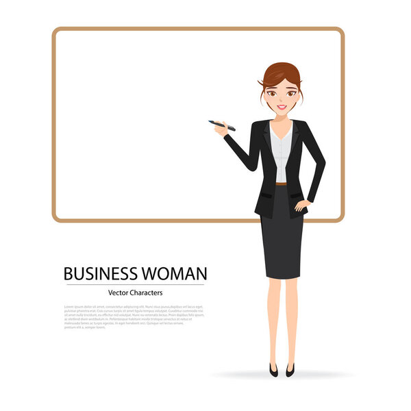 Business woman presenting character wiht a whiteboard background. Illustration vector of people design.