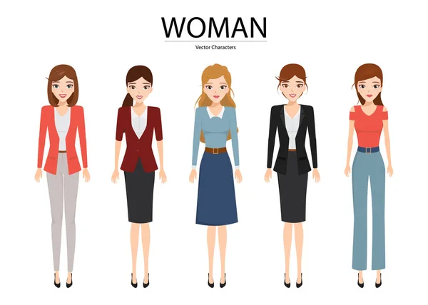 Conjunto de mujeres con ropa diferente. carácter de las personas en el trabajo o la ocupación . — Vector de stock