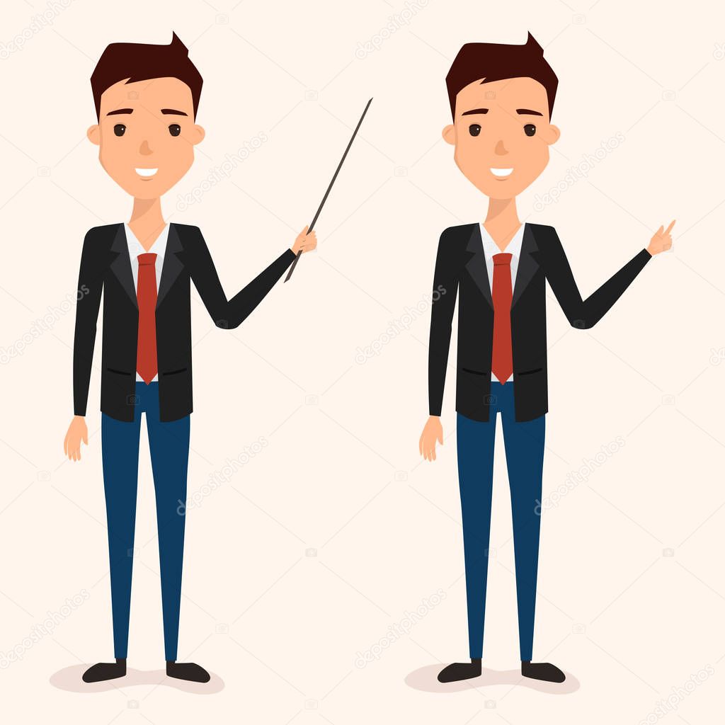 businessman in various poses for use in presentation character. people vector flat design.