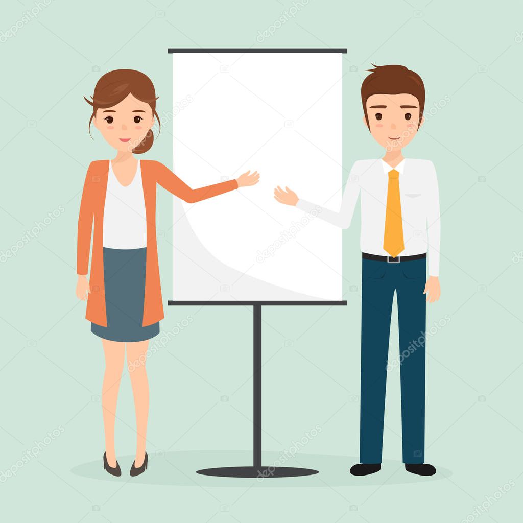 business woman and business man presenting with a white board. b