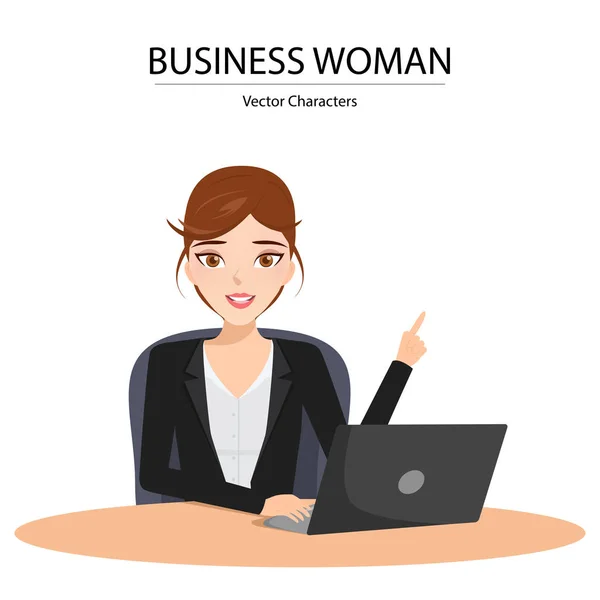 Zakelijke vrouw teken in baan op kantoor werken met de laptop. mensen Characterdesign vector. klantenservice ondersteuning. — Stockvector