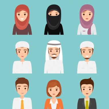 Kadın ve adam Müslüman character.arab geleneksel hijab col kümesi