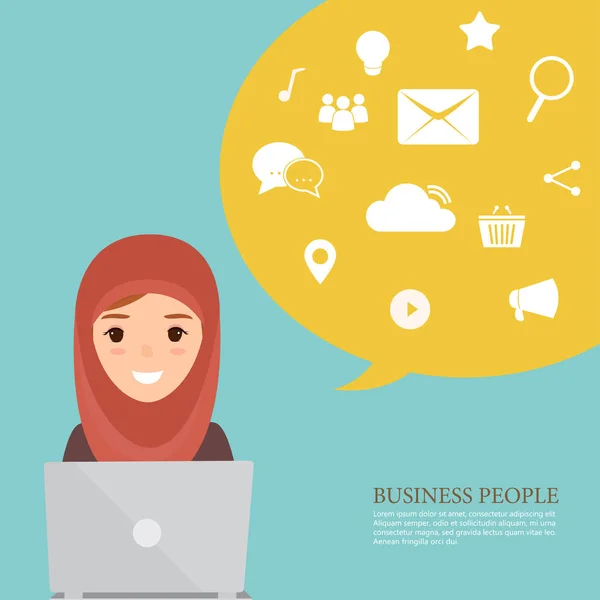Arabische vrouw werken met computer communicatie infographic. v — Stockvector