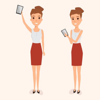 iş kadını bir cep telefonu sunuyor. insanlar karakter illüstrasyon vektör tasarımı.