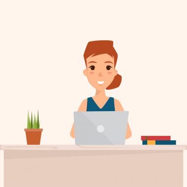 ofis büro dizüstü bilgisayar ile çalışan bir iş kadını. Düz stil vektör çizim üzerinde beyaz izole.