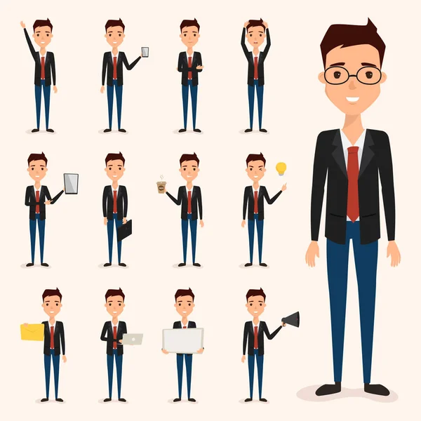 Conjunto de hombre de negocios carácter en el trabajo. ilustración vector personas — Archivo Imágenes Vectoriales