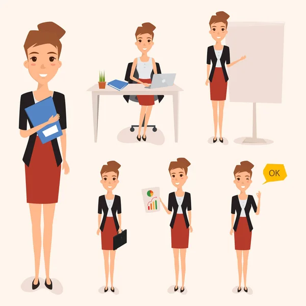 Ensemble de femme d'affaires travaillant avec le travail. personnages au travail de bureau. illustration vectoriel plat design . — Image vectorielle