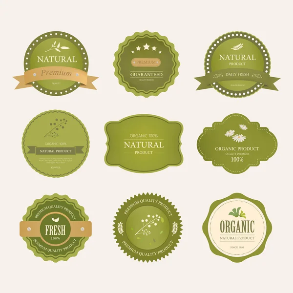 Conjunto de etiqueta natural y etiqueta ecológica de color verde. diseño de etiquetas e insignias vintage . — Vector de stock
