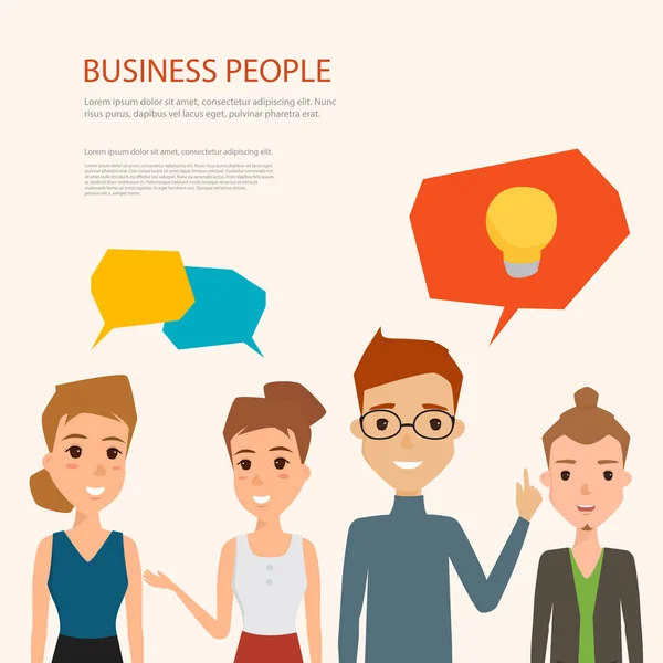 Grupo de personas creativas hablando con ideas. Diseño plano vector de gente de negocios trabajo en equipo . — Vector de stock