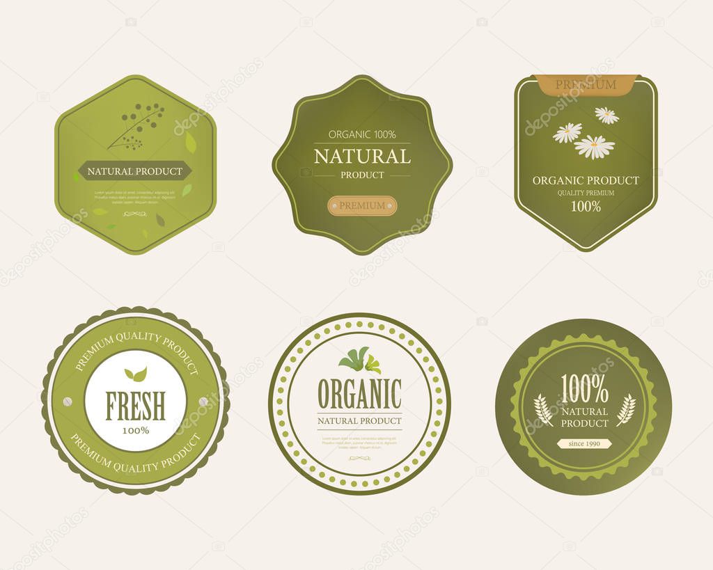 set of natural label and organic label green color. vintage labels and badges design.
