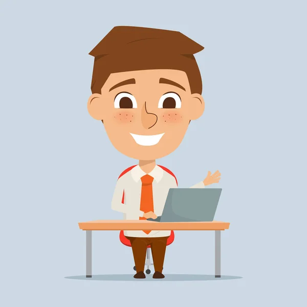 Hombre de negocios trabajando con el personaje del ordenador portátil en la sala de oficina. Ilustración vector de gente de negocios . — Vector de stock