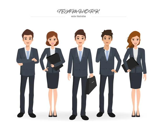 Les hommes d'affaires travaillent en équipe avec des hommes d'affaires et des femmes d'affaires. Illustration vectorielle personnage de dessin animé . — Image vectorielle