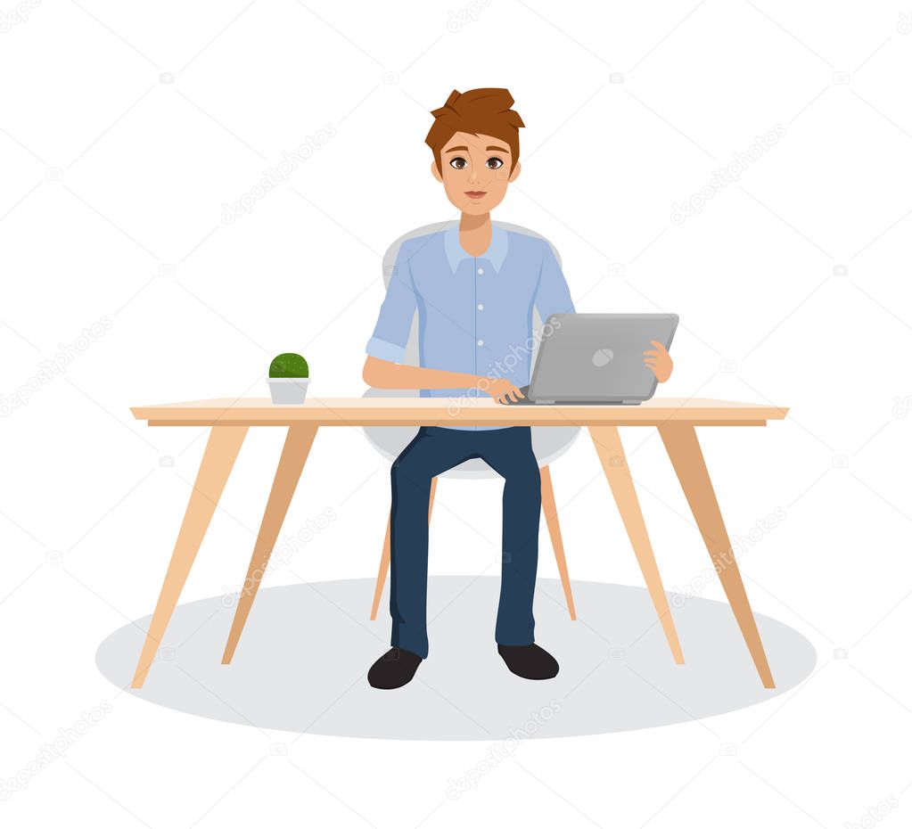 a man working character with laptop computer on desk. freelance job concept.