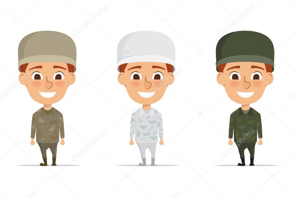 Soldiers in green and brown uniform illustration. character design.