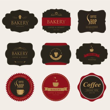 Tasarım vintage tarzı için kahve ve ekmek etiket kümesi. Afiş vektör kırmızı ve siyah tema tasarım.