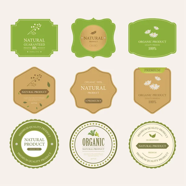 set of natural label and organic label green color on wood texture. vintage labels and badges design.