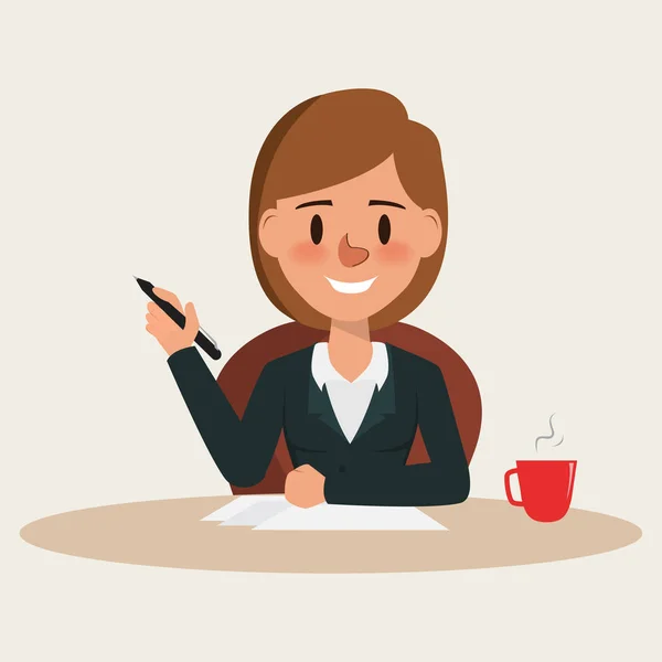 Mujer de negocios escribiendo carácter con trabajo en papel. gente de negocios en diseño de dibujos animados de oficina . — Vector de stock