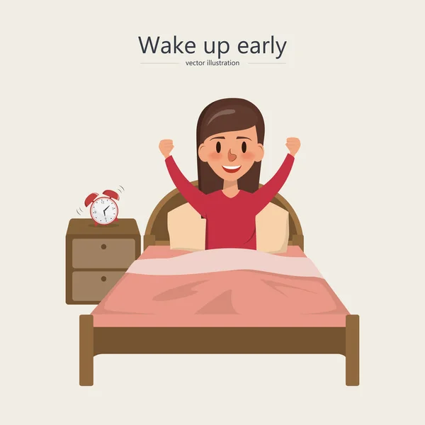 Μια γυναίκα που ξυπνήστε το πρωί. χαρακτήρα της δραστηριότητας άτομα καθημερινή ρουτίνα. — Διανυσματικό Αρχείο