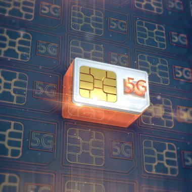 Beyaz 5g SIM kartla birlikte ışıma ve neon simpattern 3d render yüksek hızlı mobil iletişim kavramı üzerinde fişekleri